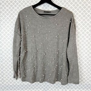 EUC Zara Grey Pearl Embellished Knit Sweater